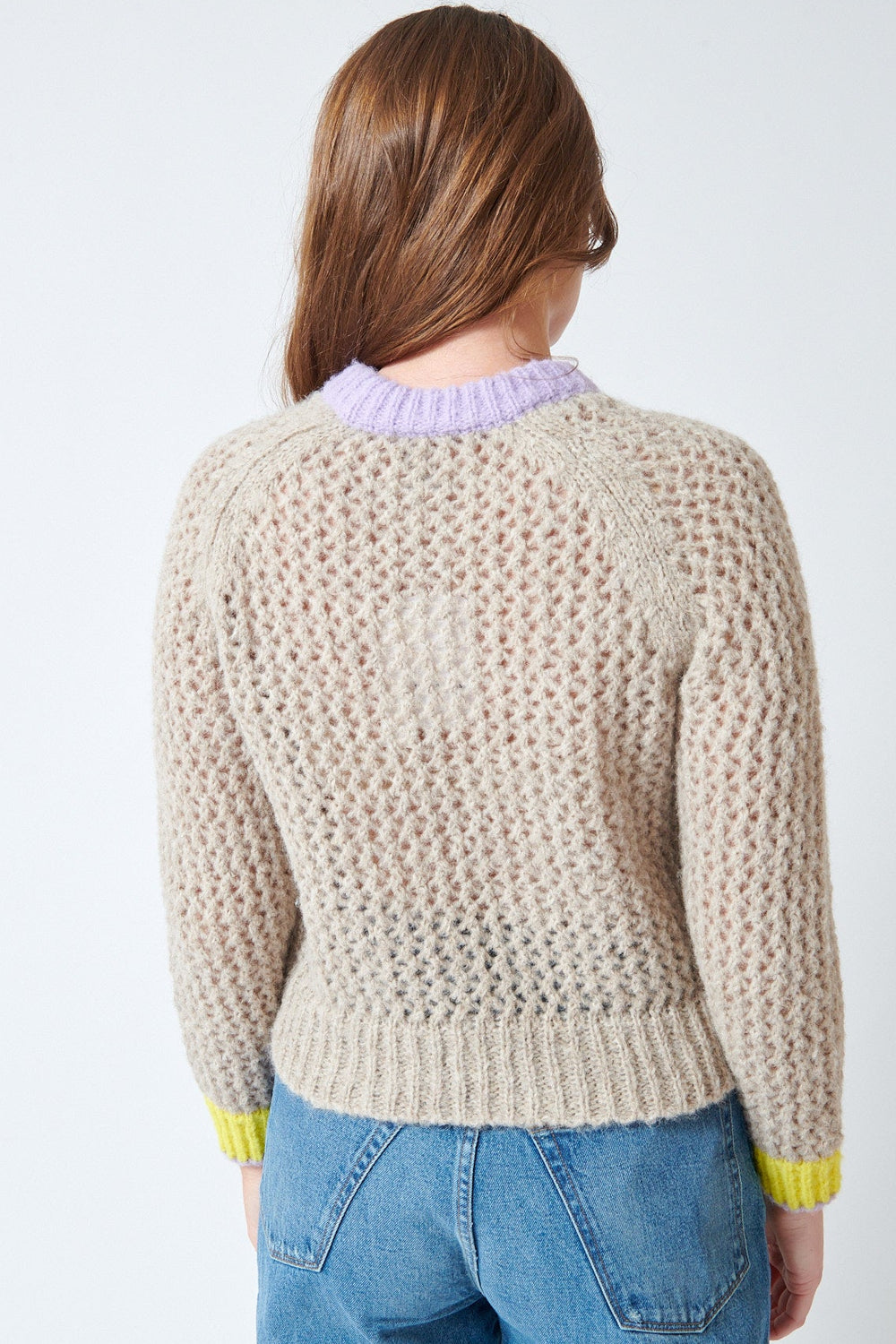 Julia wearing Lilla P Contrast Trim Crewneck Sweater rear view