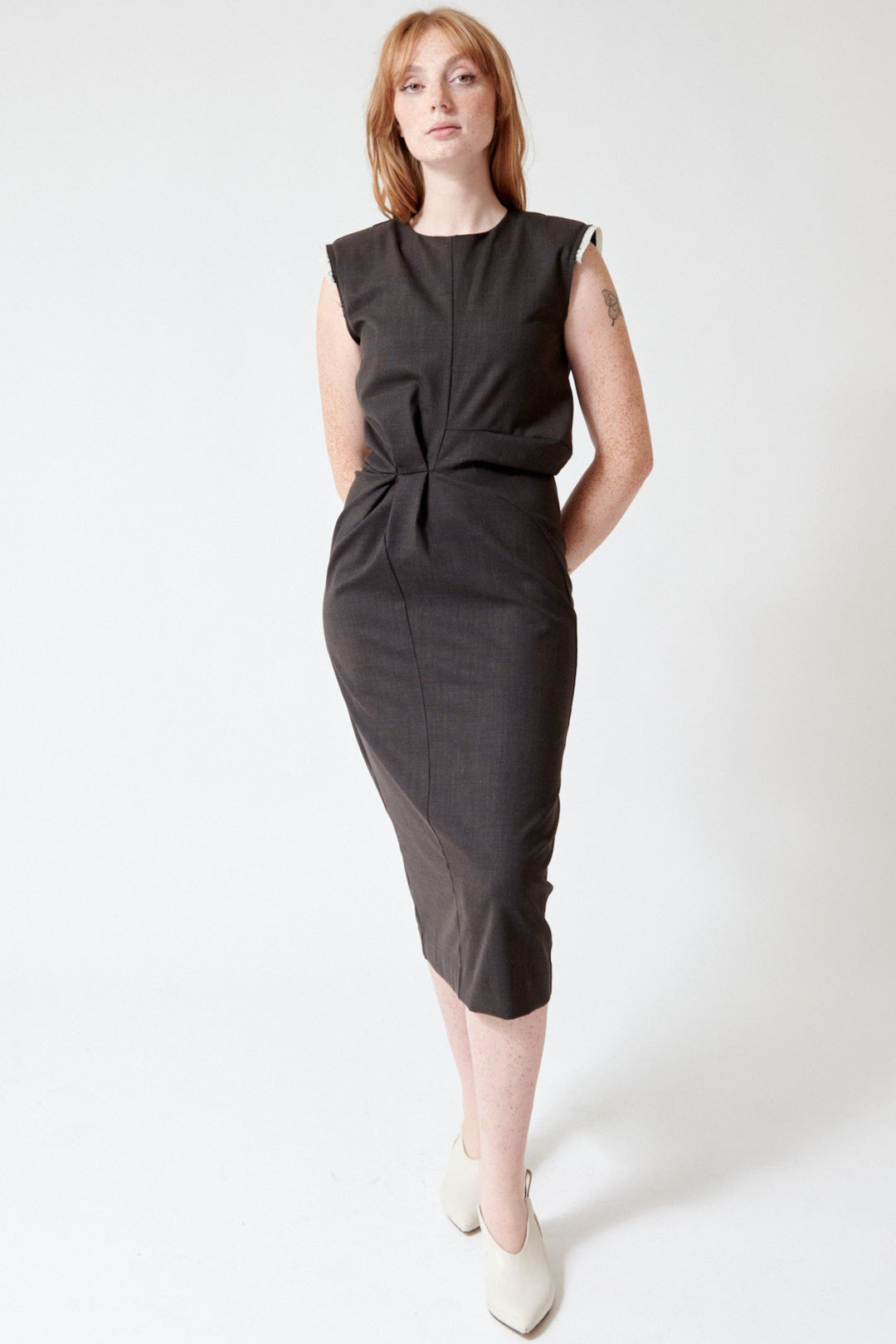 Waverly wearing Meimeij Raw Edge Sleeveless Gathered Dress front view