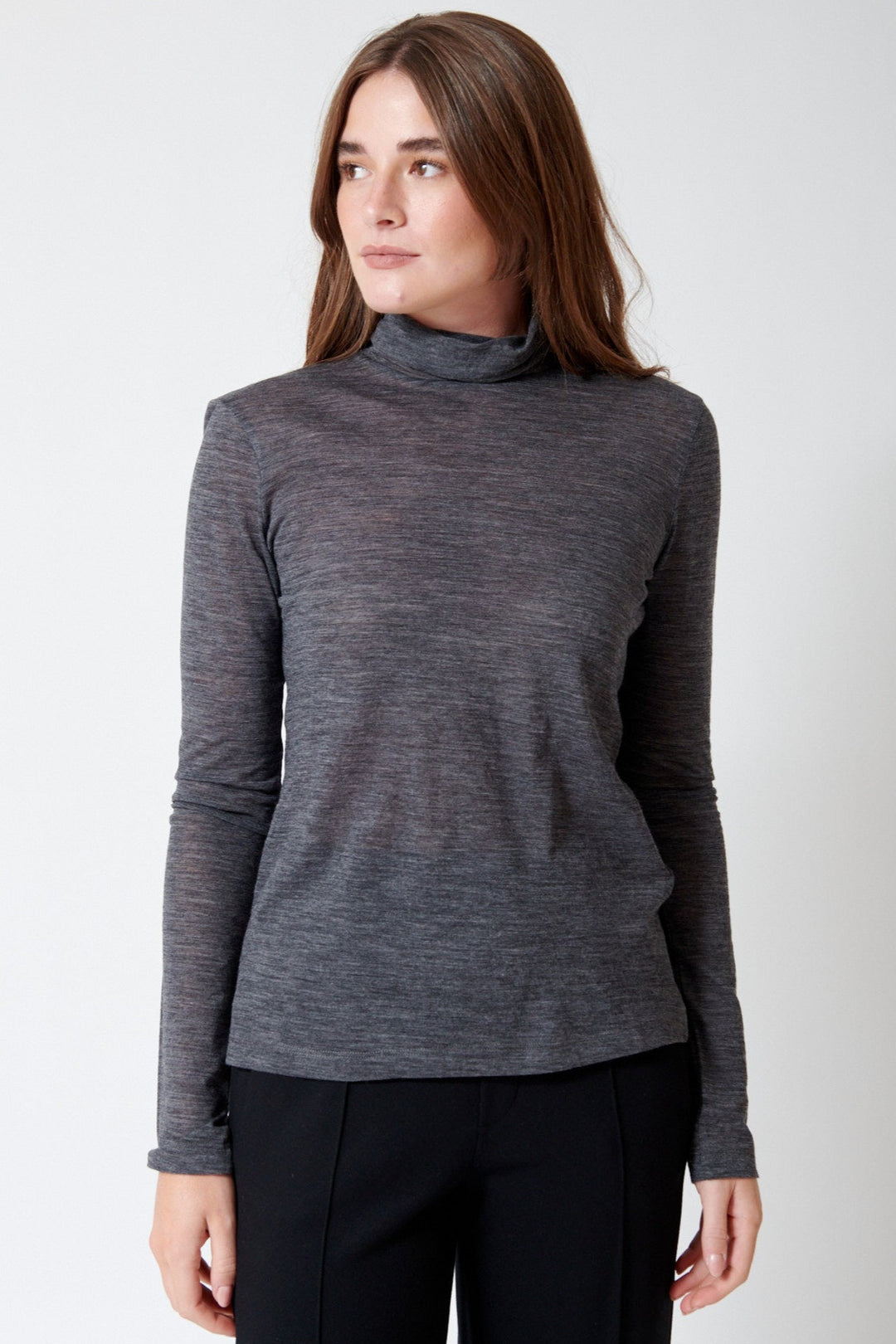 Julia wearing Meimeij Sheer Lightweight T Neck T Shirt front view