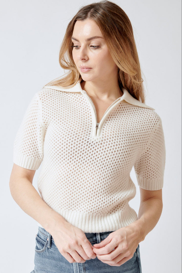 Madi wearing White + Warren Cashmere Mesh Polo front view