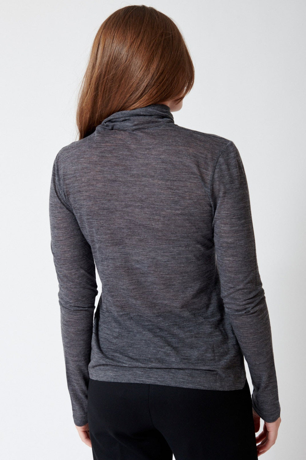 Julia wearing Meimeij Sheer Lightweight T Neck T Shirt rear view