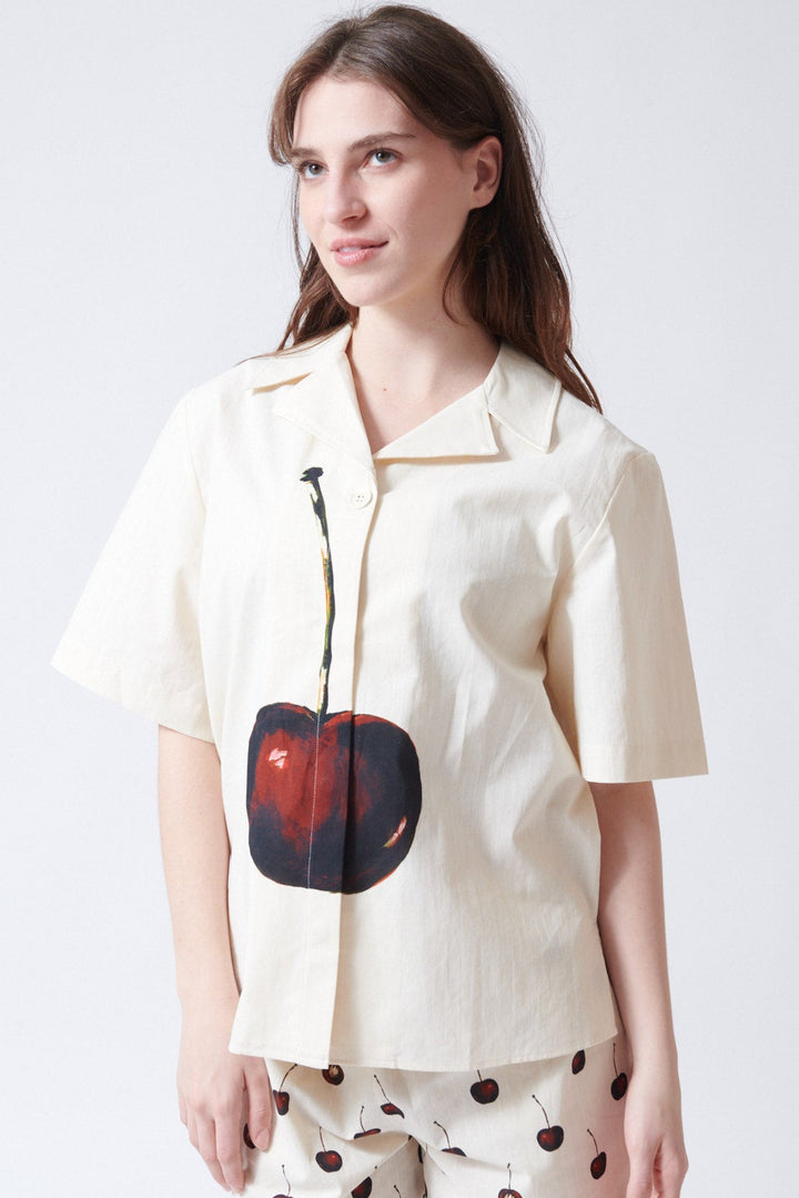 Sophie wearing Stine Goya Crisp Stripe Shirting Bowling Collar Shirt front view