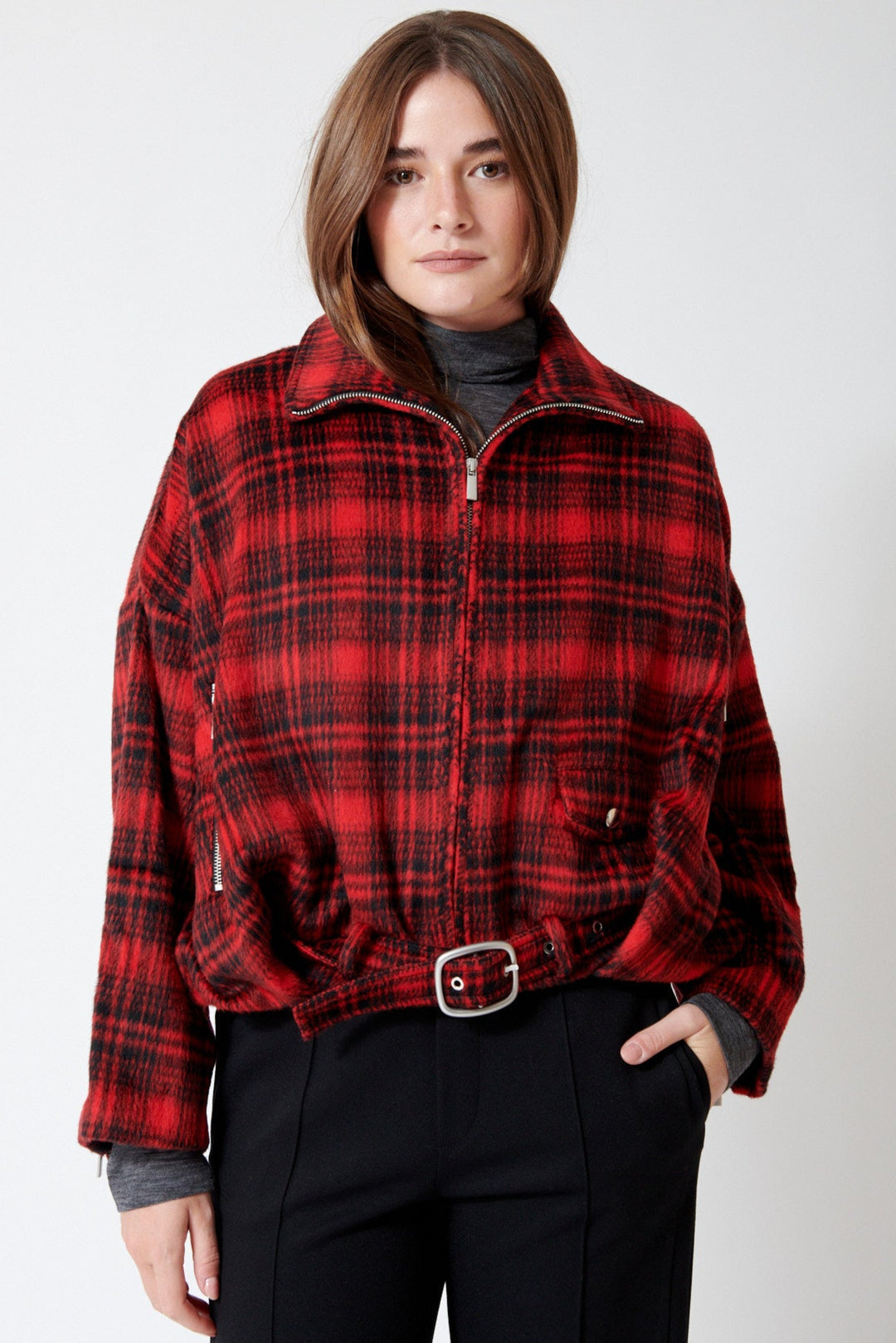 Julia wearing Meimeij Moto Lumberjack Jacket front view