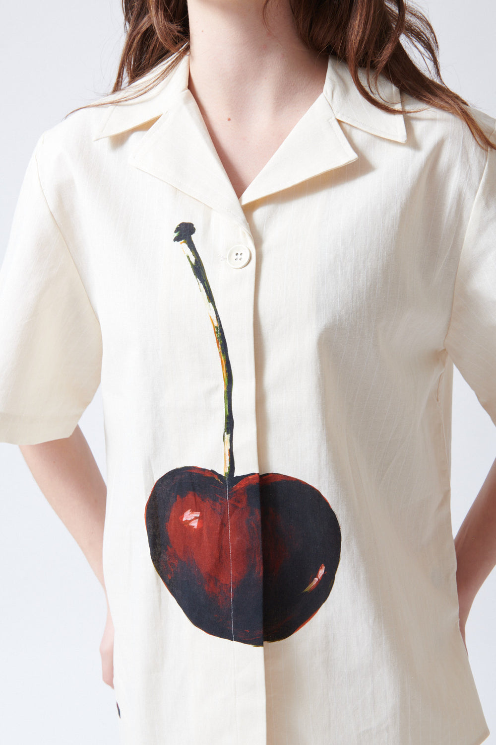 Sophie wearing Stine Goya Crisp Stripe Shirting Bowling Collar Shirt front view