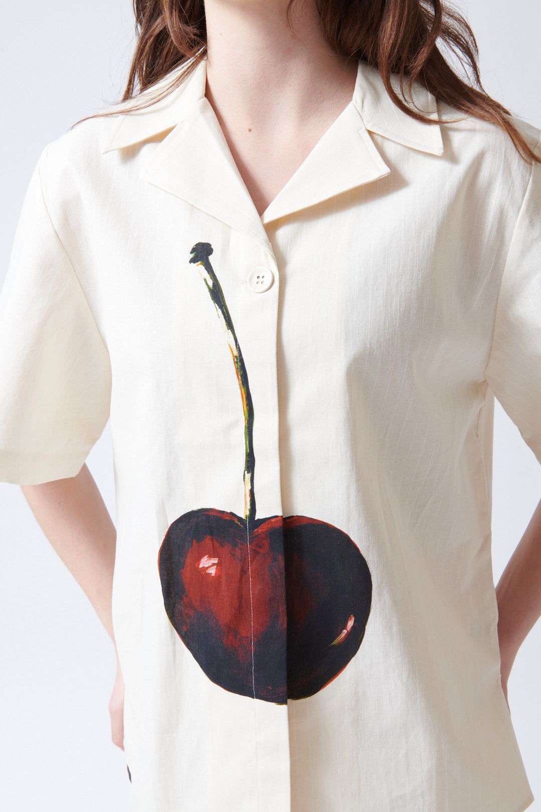 Sophie wearing Stine Goya Crisp Stripe Shirting Bowling Collar Shirt front view