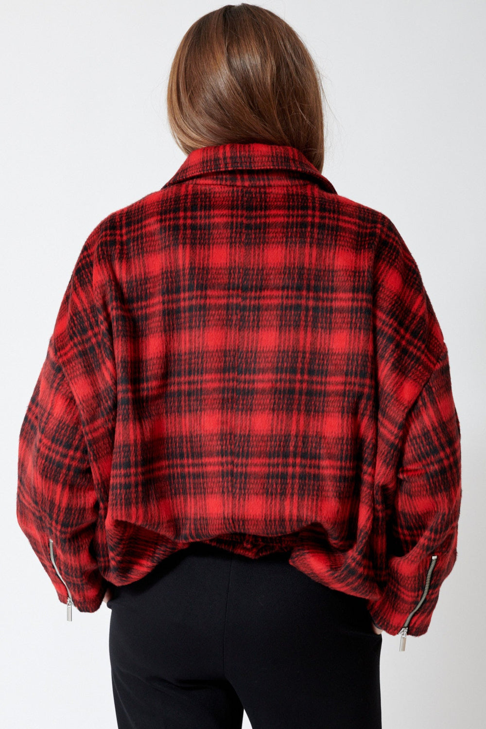 Julia wearing Meimeij Moto Lumberjack Jacket rear view