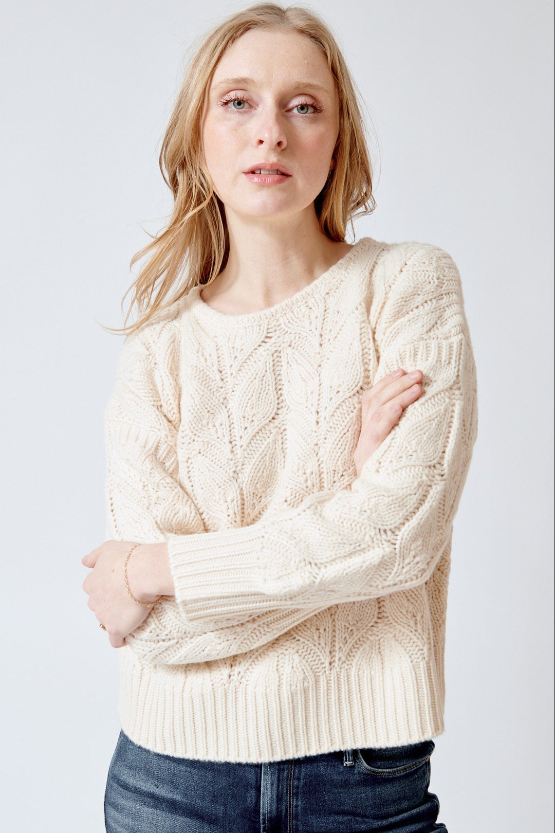 Madi wearing Jumper 1234 Wool Cashmere Leaf Crew front view