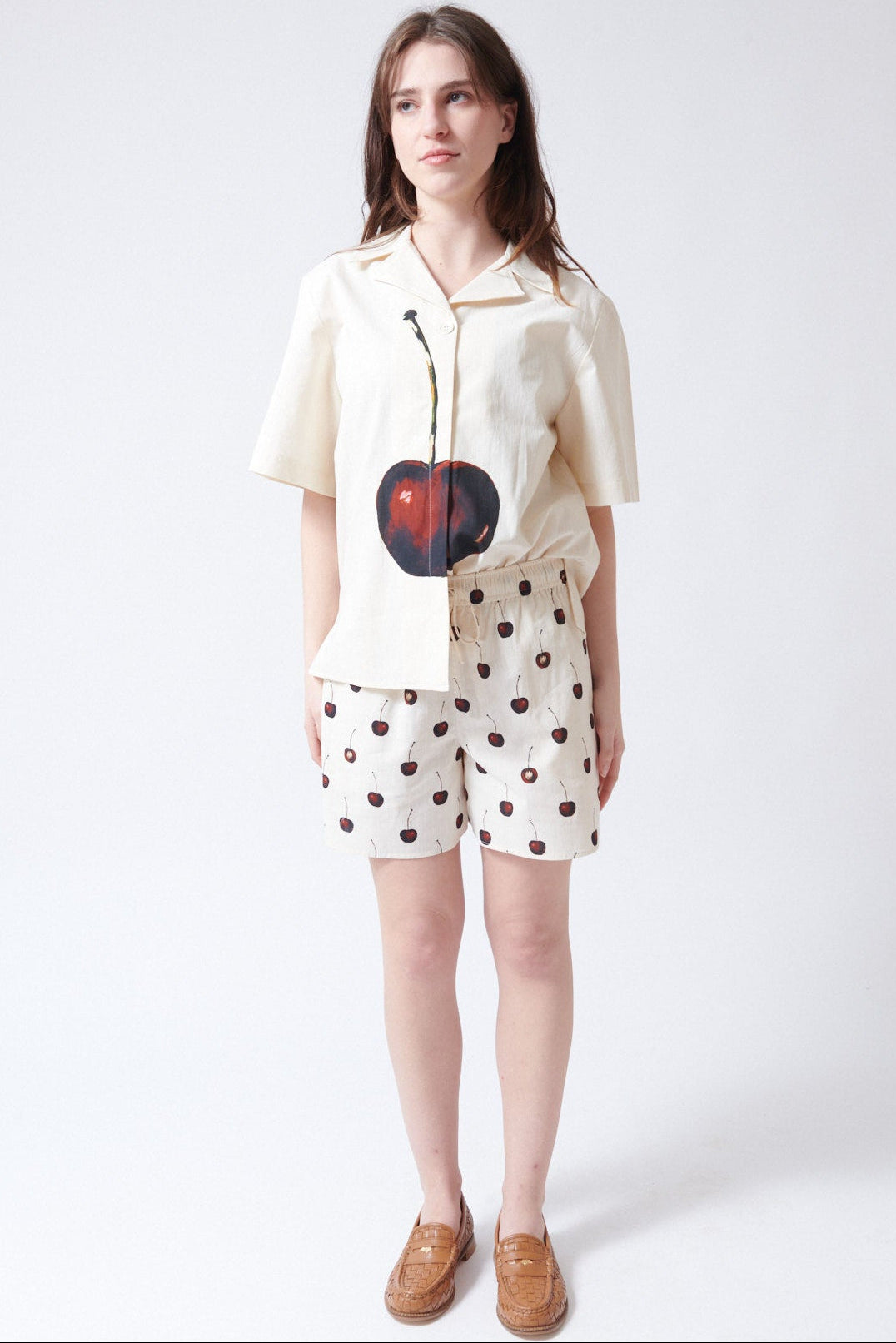 Sophie wearing Stine Goya Crisp Stripe Shirting Elasticated Waistband Shorts front view