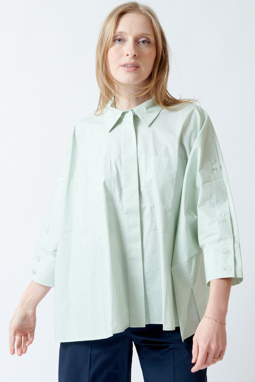 Madi wearing Meimeij Oversized Button Down And Button Sleeve Shirt front view