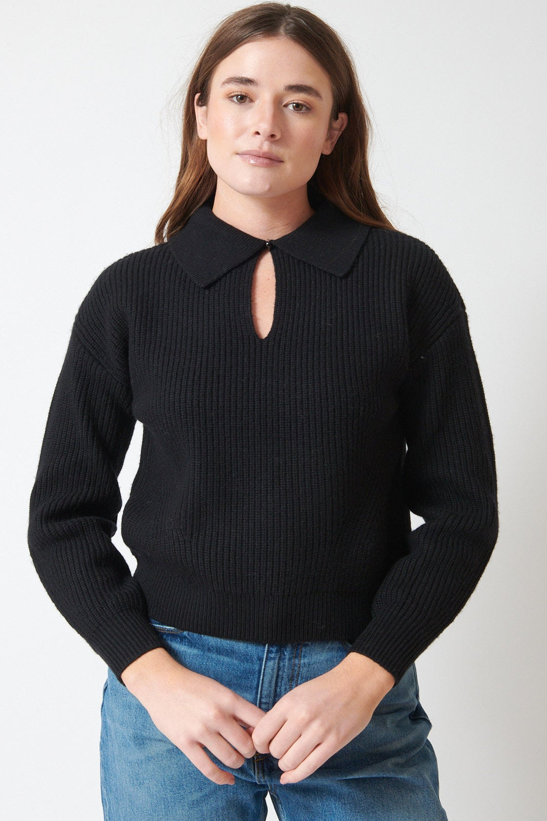 Julia wearing Lilla P Keyhole Rib Sweater front view