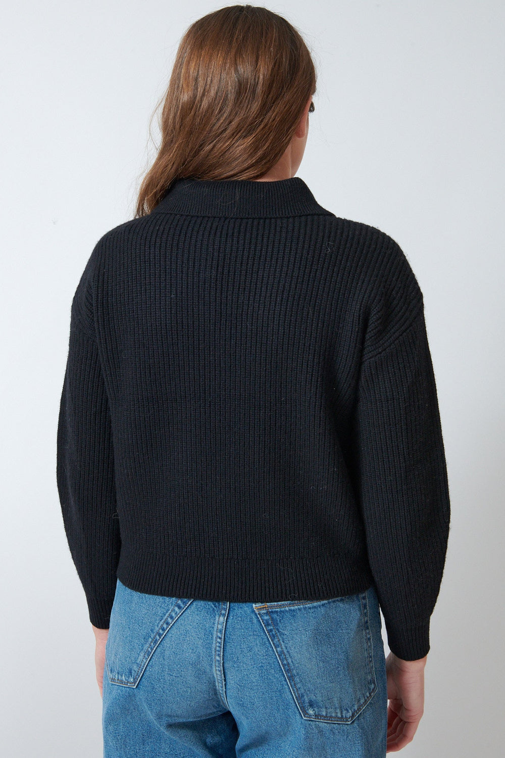 Julia wearing Lilla P Keyhole Rib Sweater rear view