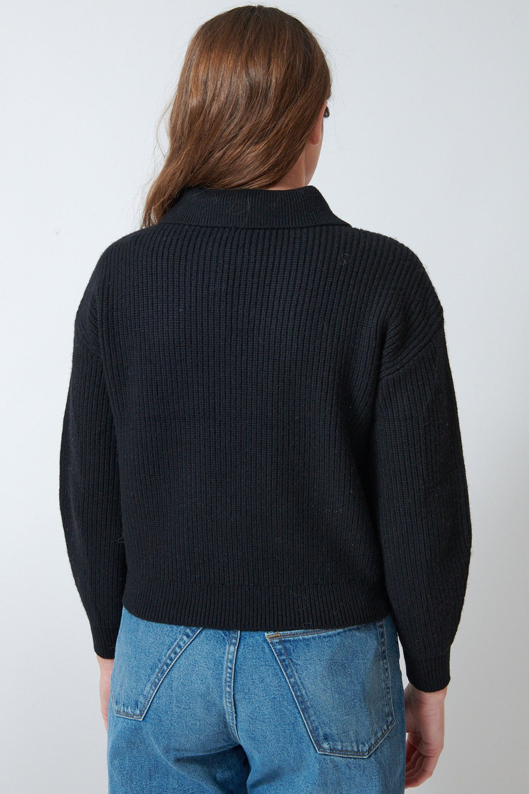 Julia wearing Lilla P Keyhole Rib Sweater rear view