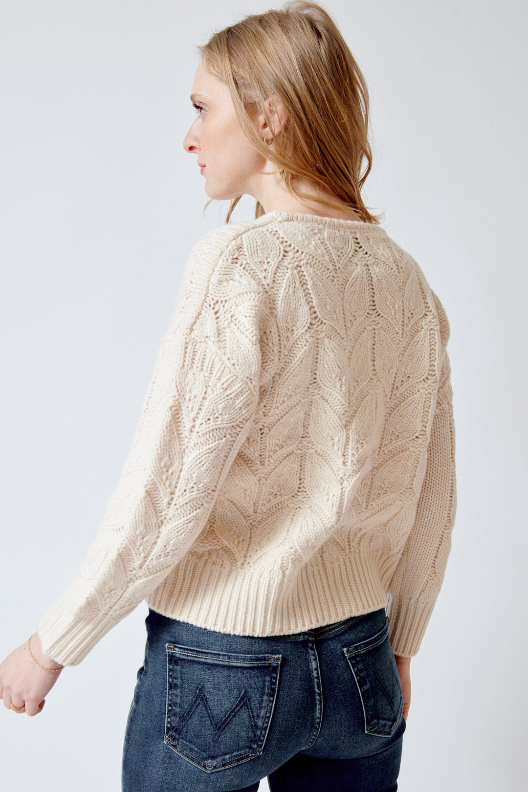 Madi wearing Jumper 1234 Wool Cashmere Leaf Crew rear view