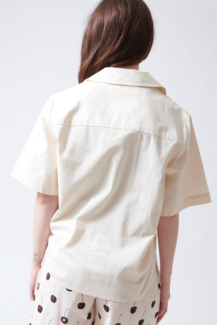 Sophie wearing Stine Goya Crisp Stripe Shirting Bowling Collar Shirt rear view