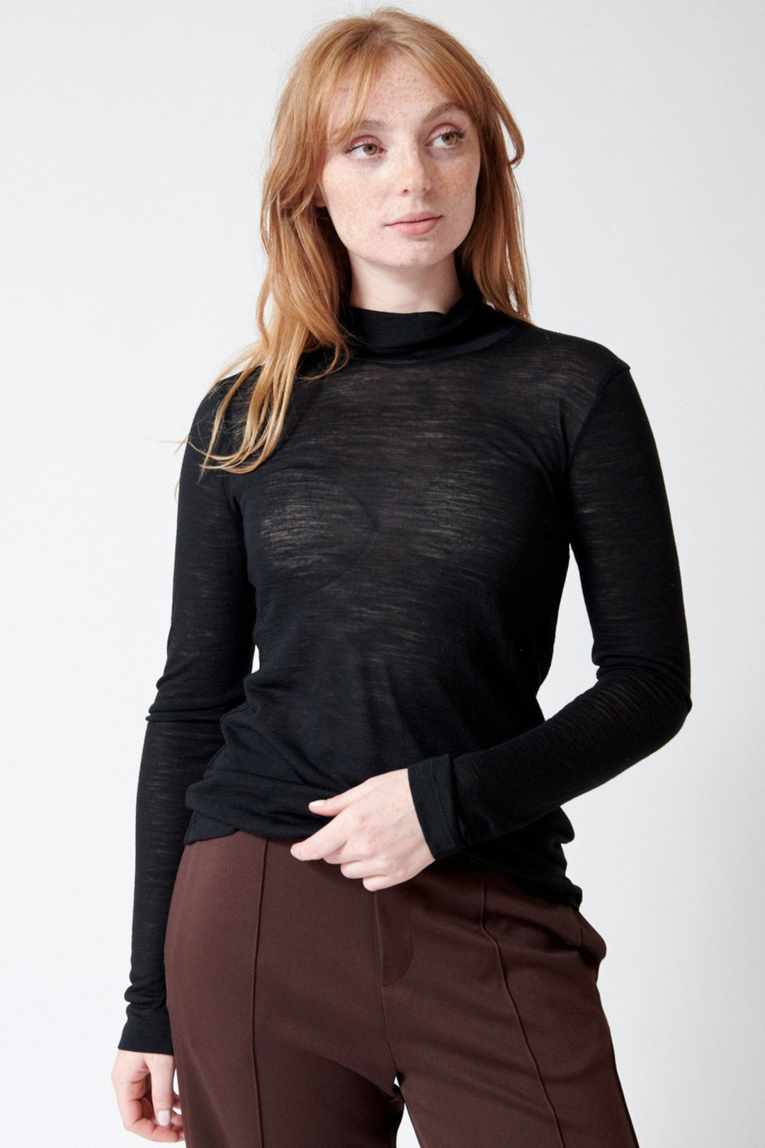 Waverly wearing Meimeij Sheer Lightweight T Neck T Shirt front view