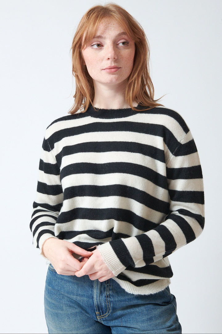 Waverly wearing Jumper 1234 Stripe Distressed Crew front view