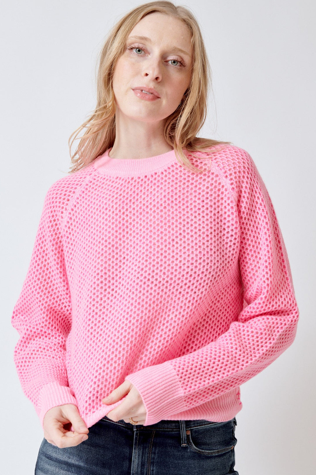 Madi wearing White + Warren Cashmere Mesh Sweatshirt Pink Buds Dayglow front view