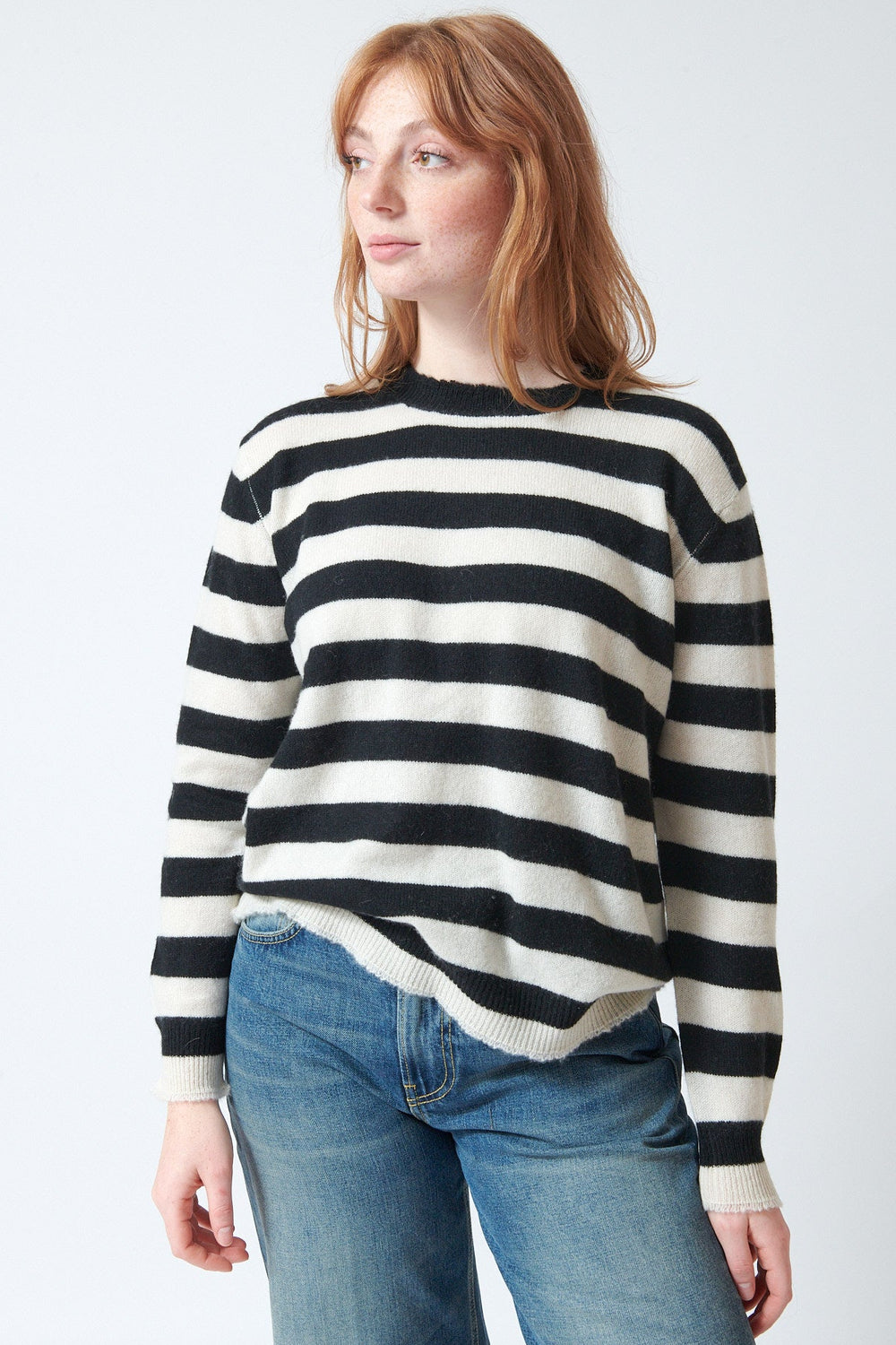Waverly wearing Jumper 1234 Stripe Distressed Crew front view