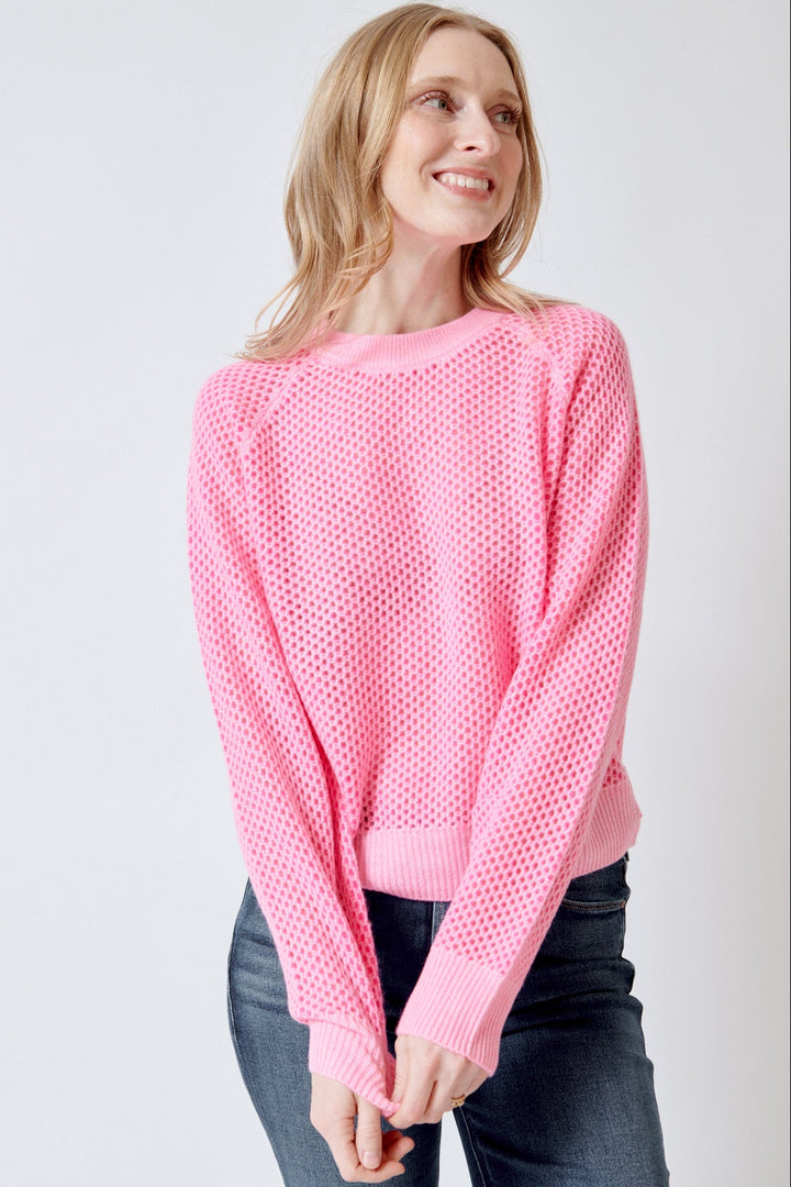 Madi wearing White + Warren Cashmere Mesh Sweatshirt Pink Buds Dayglow front view