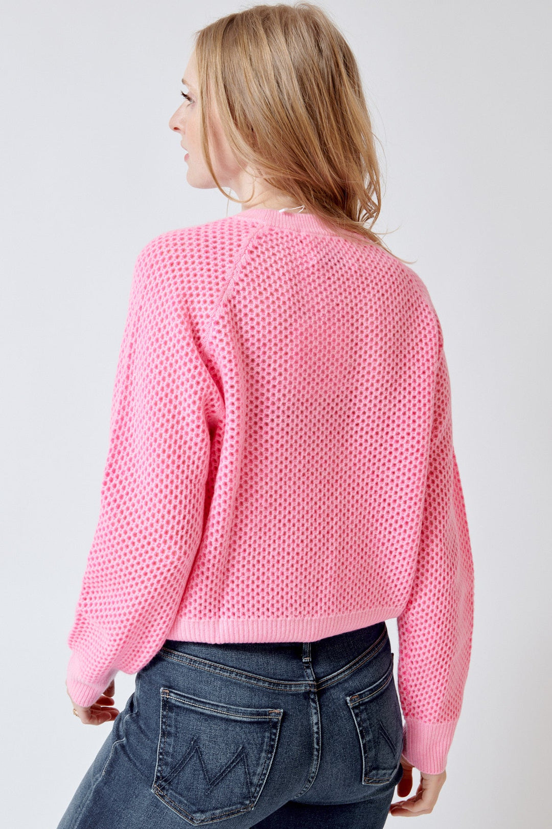 Madi wearing White + Warren Cashmere Mesh Sweatshirt Pink Buds Dayglow rear view 