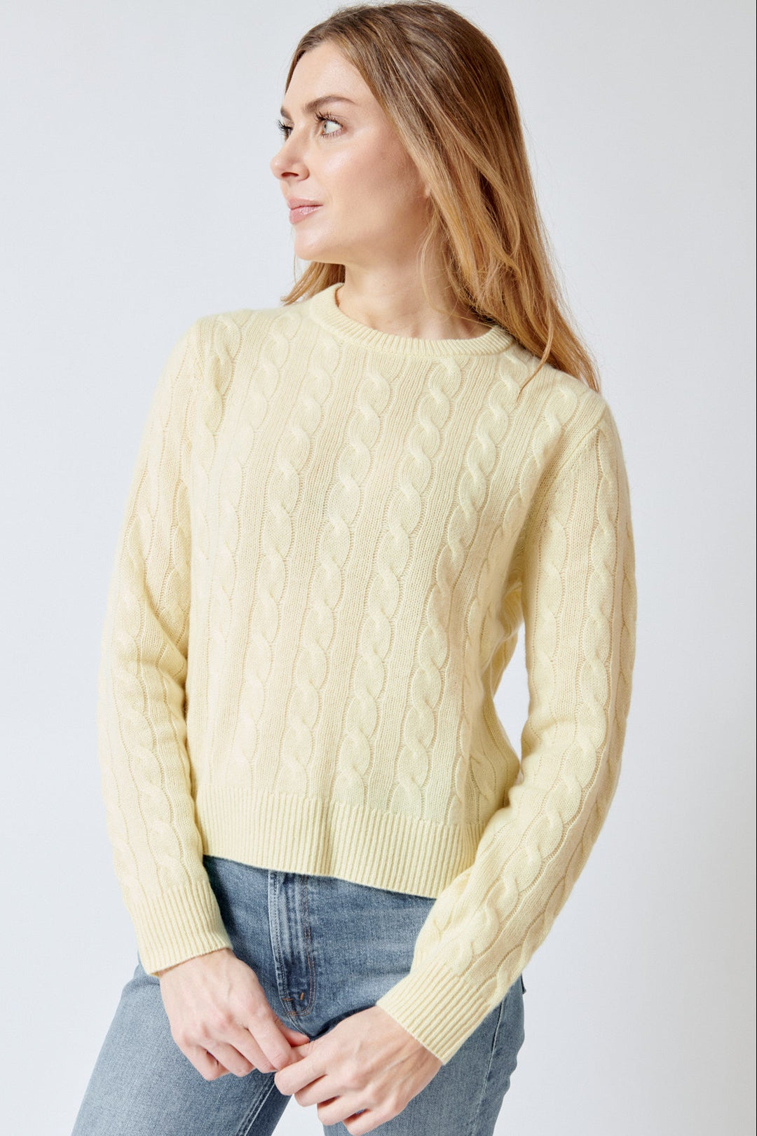 Mari wearing White + Warren Cashmere Varsity Cable Crewneck front view