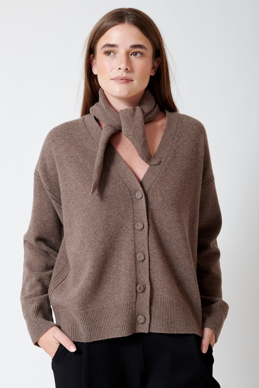Julia wearing Meimeij Covered Button Cardigan With Detachable Knit Neckerchief front view