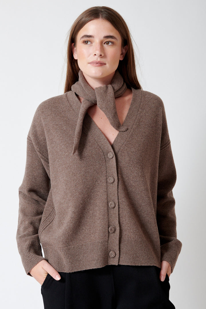 Julia wearing Meimeij Covered Button Cardigan With Detachable Knit Neckerchief front view