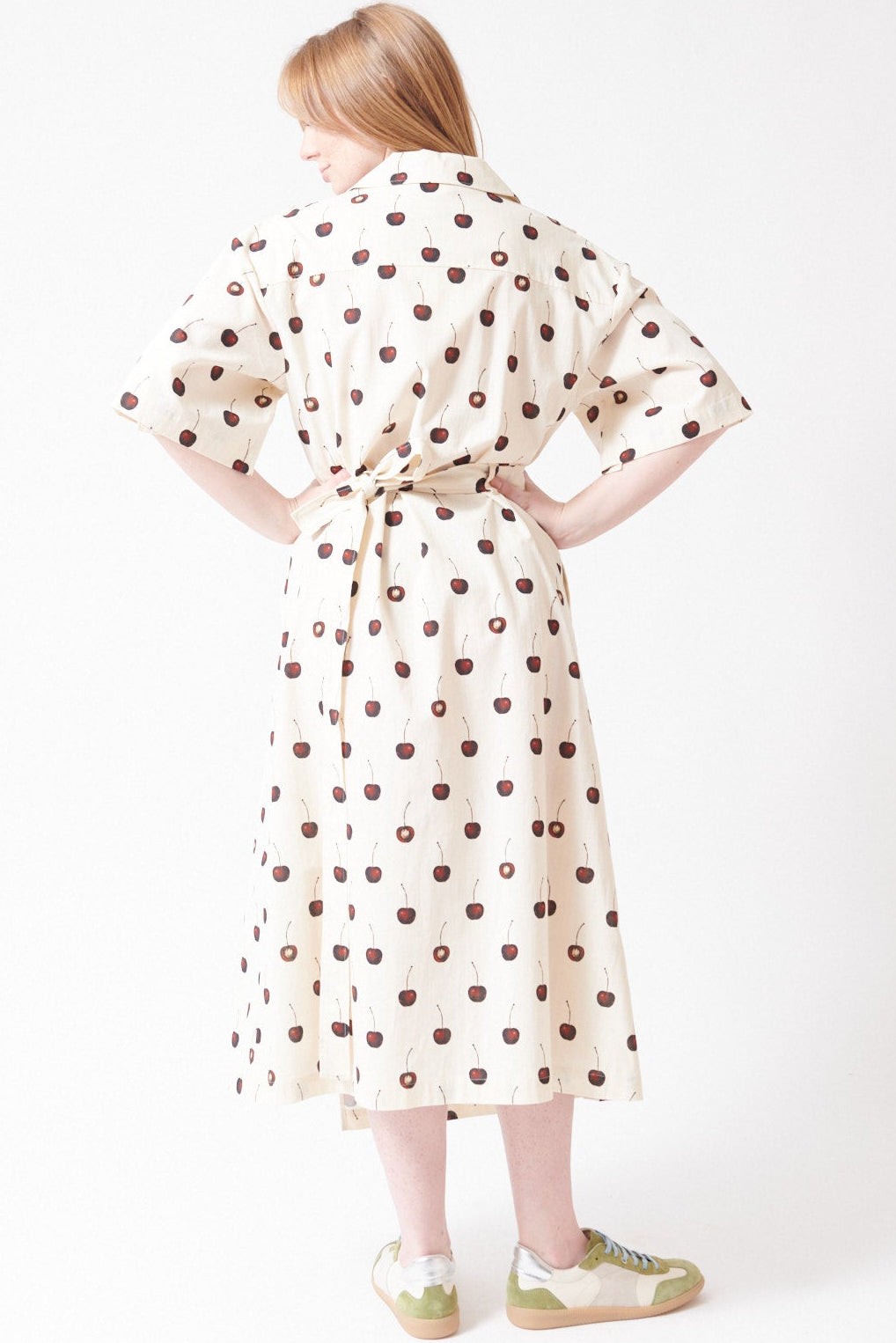 Waverly wearing Stine Goya Crisp Stripe Shirting Workwear Midi Dress rear view