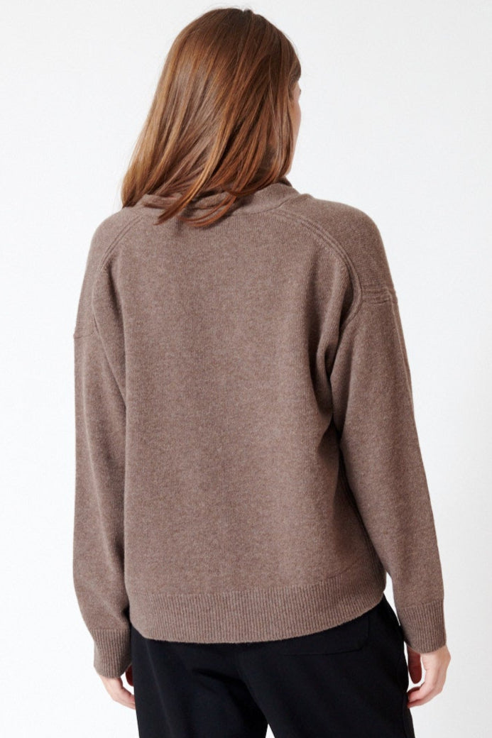 Julia wearing Meimeij Covered Button Cardigan With Detachable Knit Neckerchief rear view