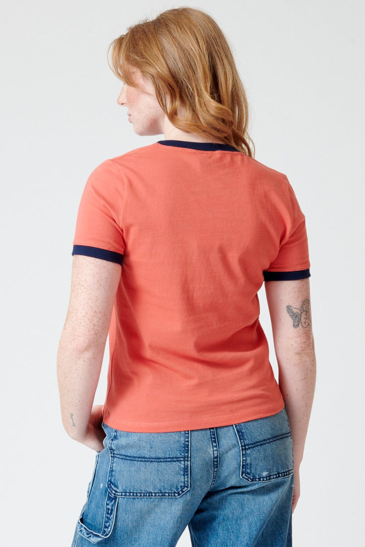 Waverly wearing ASKK NY Classic Ringer Tee rear view