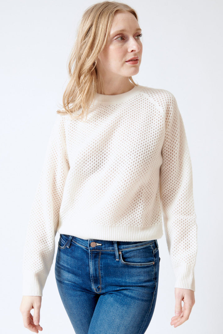Madi wearing White + Warren Cashmere Mesh Sweatshirt front view