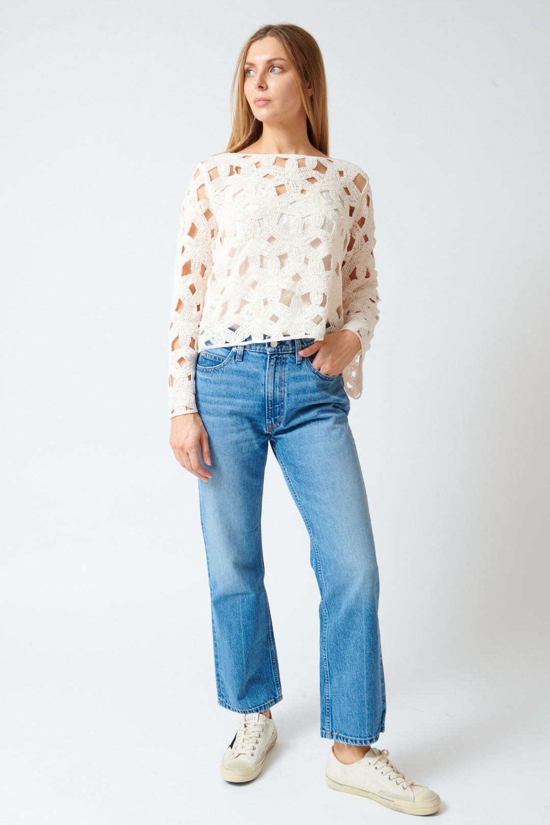 Mari wearing Apiece Apart Rene Kick Flare Jean front view