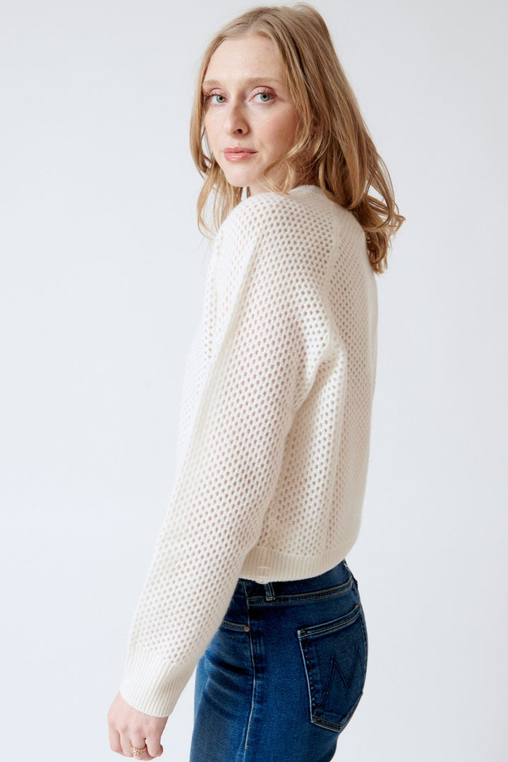 Madi wearing White + Warren Cashmere Mesh Sweatshirt side view