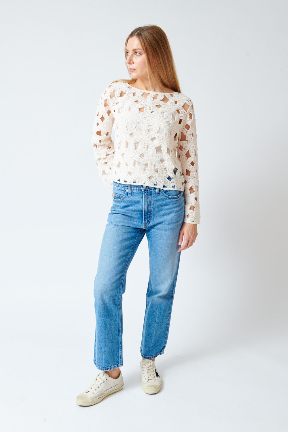 Mari wearing Apiece Apart Rene Kick Flare Jean front view