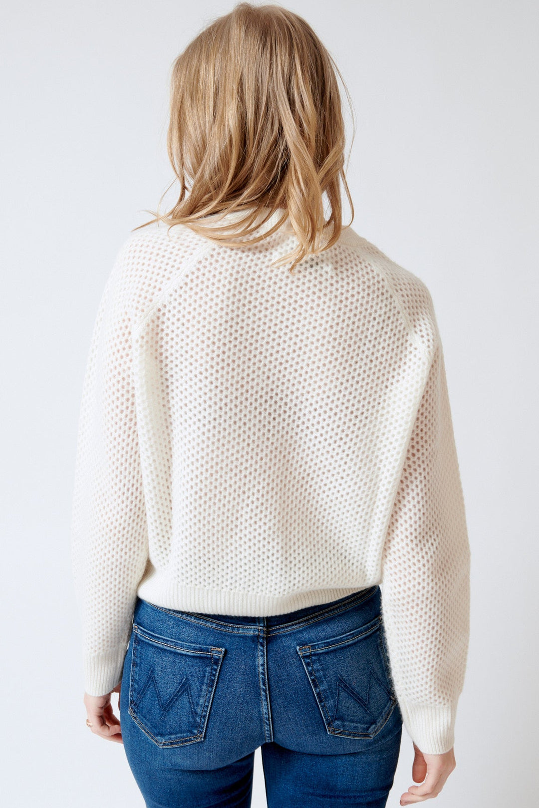 Madi wearing White + Warren Cashmere Mesh Sweatshirt rear view