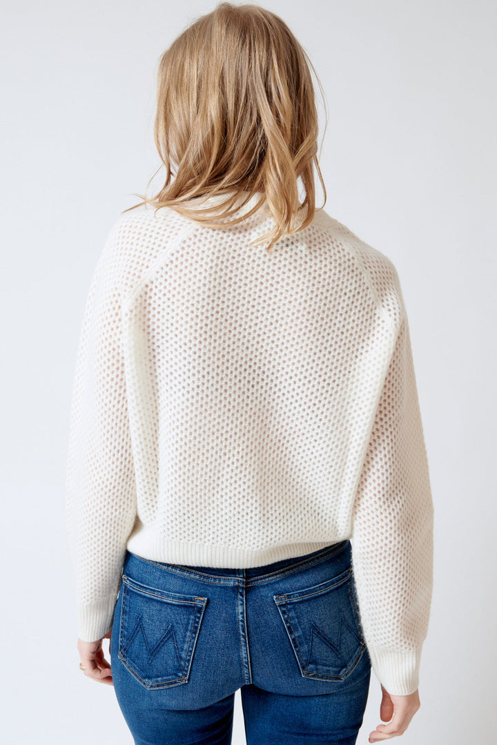 Madi wearing White + Warren Cashmere Mesh Sweatshirt rear view