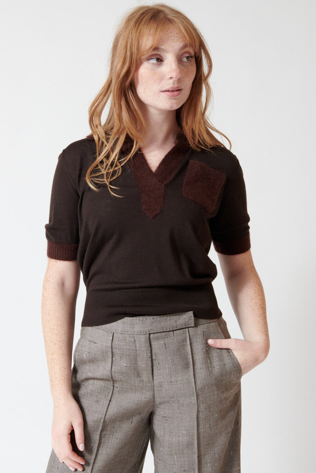 Waverly wearing Dorothee Schumacher Merino Romance Pullover front view 