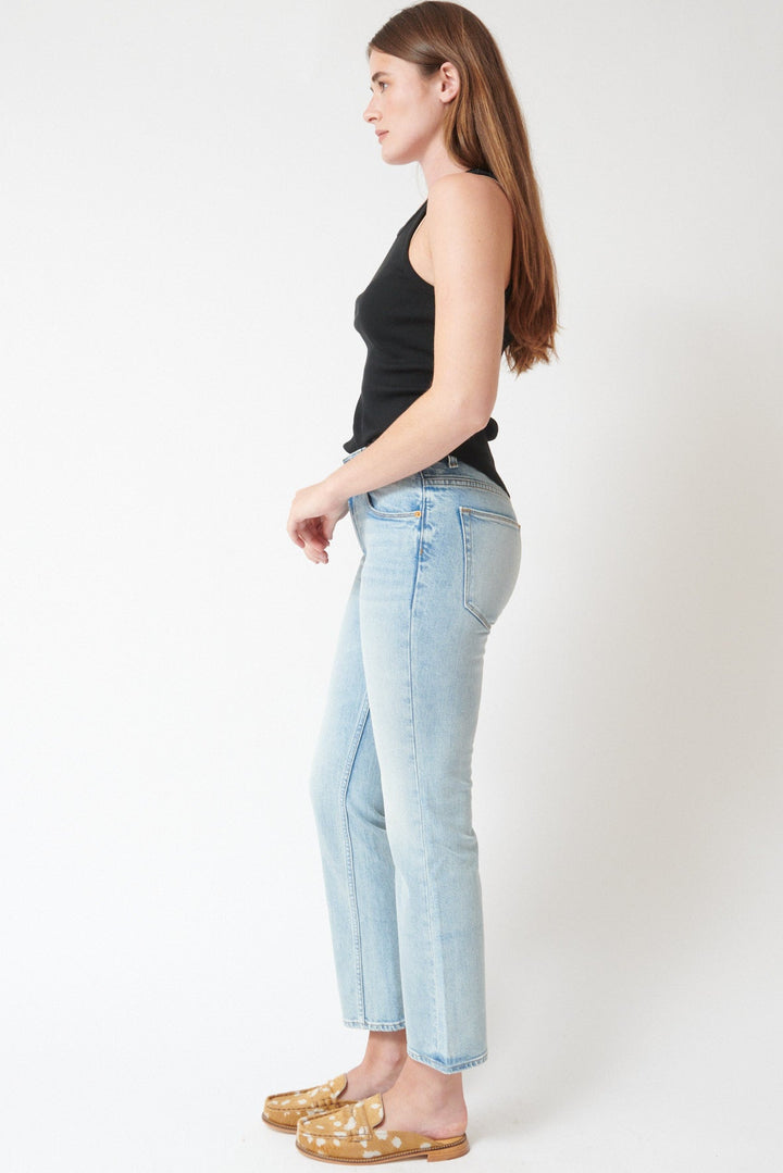 Julia wearing Jamie Haller The Rooney Mid Jean side view