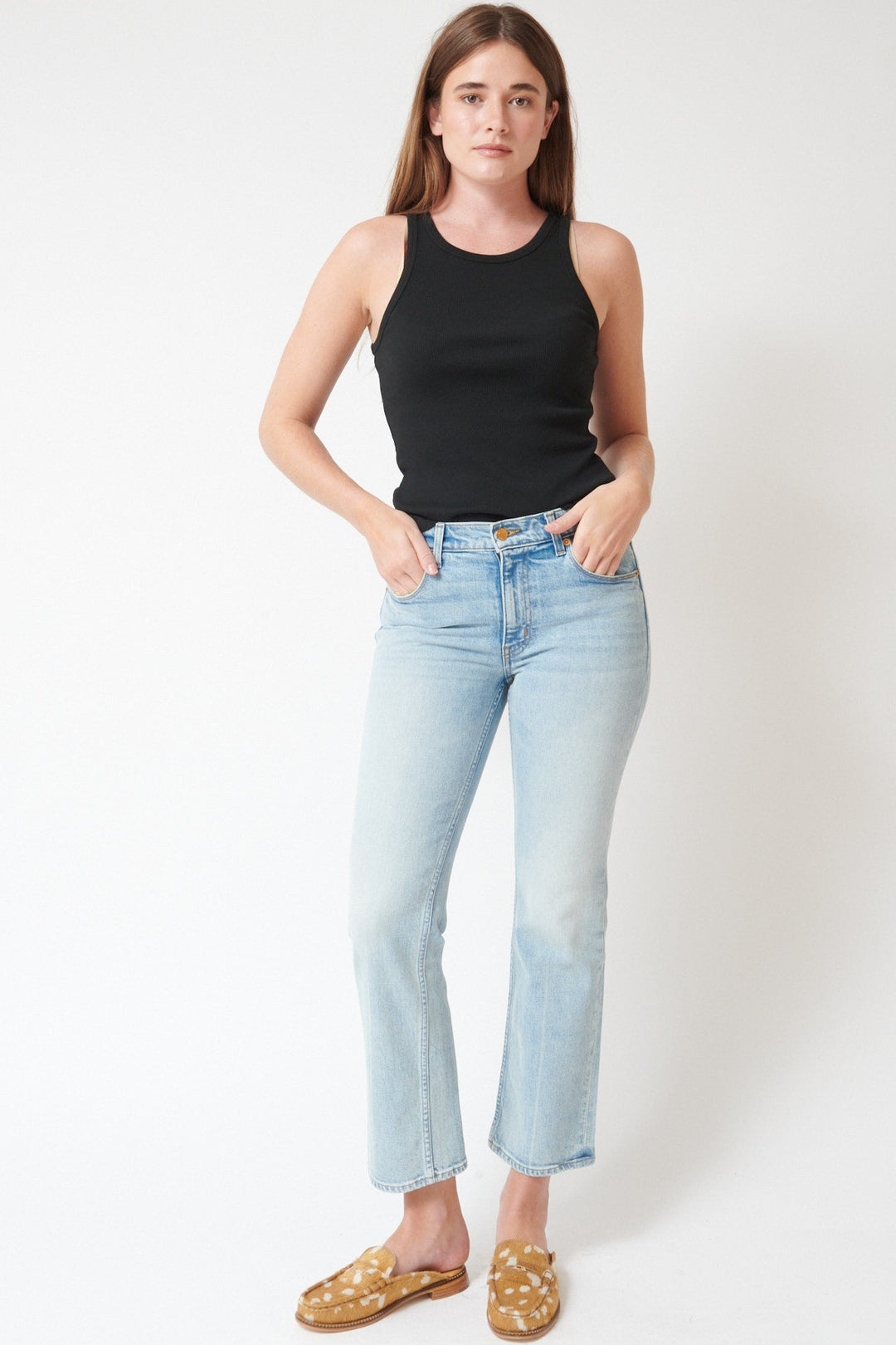 Julia wearing Jamie Haller The Rooney Mid Jean front view