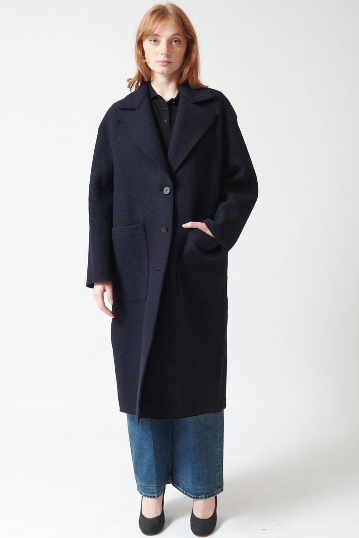 Waverly wearing Harris Wharf Boiled Wool Greatcoat front view