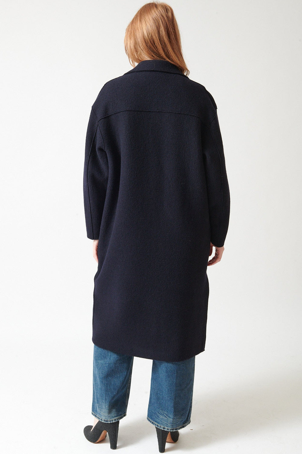 Waverly wearing Harris Wharf Boiled Wool Greatcoat rear view