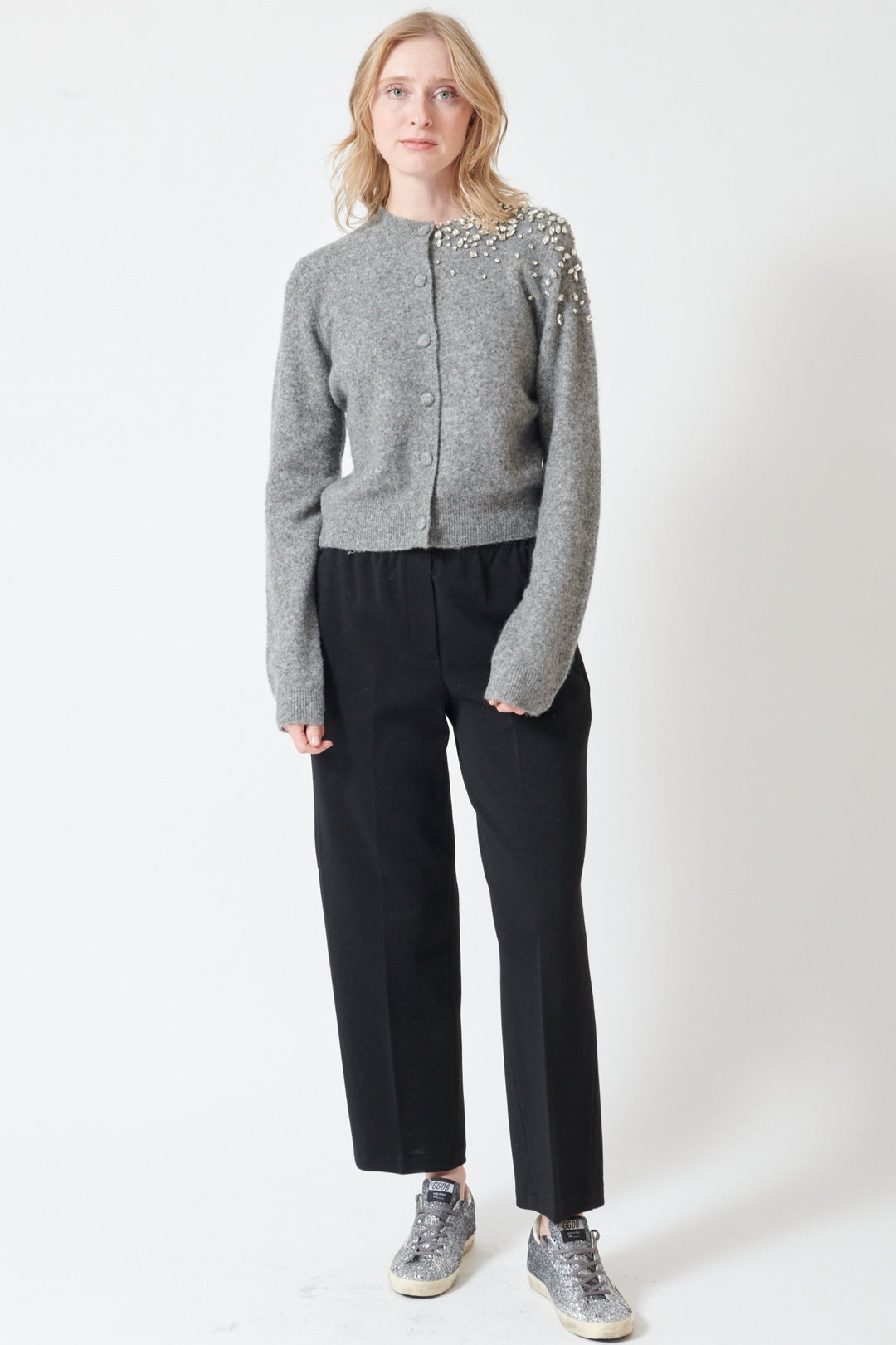 Madi wearing Seventy Elasticated Waist Knit Trouser front view