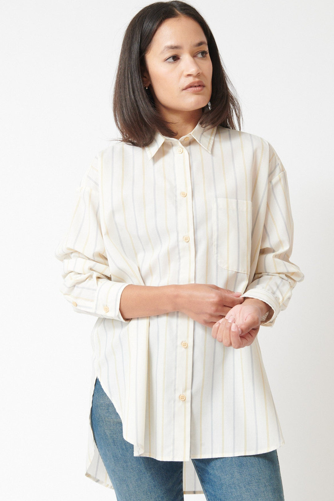 Amanda wearing Jamie Haller The Essential Shirt front view