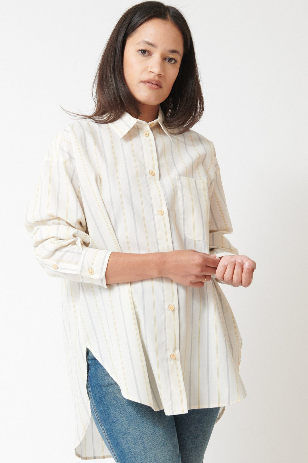 Amanda wearing Jamie Haller The Essential Shirt front view