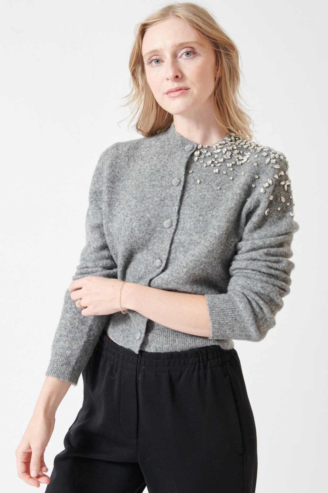 Madi wearing Seventy Brightly Jeweled Cardigan front view
