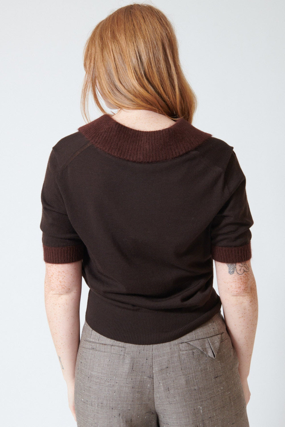 Waverly wearing Dorothee Schumacher Merino Romance Pullover rear view 