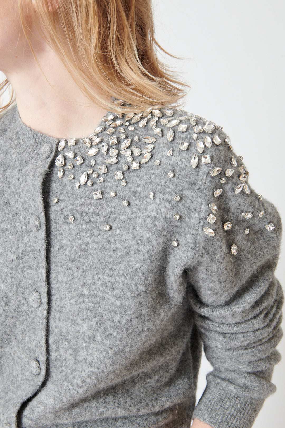 Madi wearing Seventy Brightly Jeweled Cardigan front/detail view