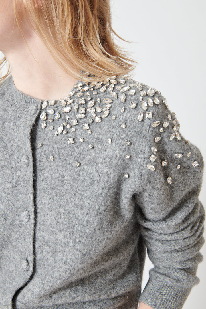 Madi wearing Seventy Brightly Jeweled Cardigan front/detail view