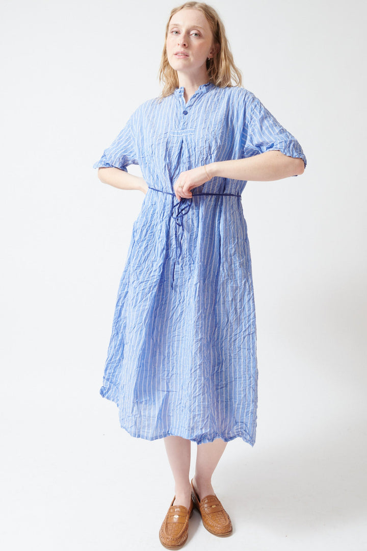 Madi wearing Pas de Calais Blue Shirring Stripe Dress front view
