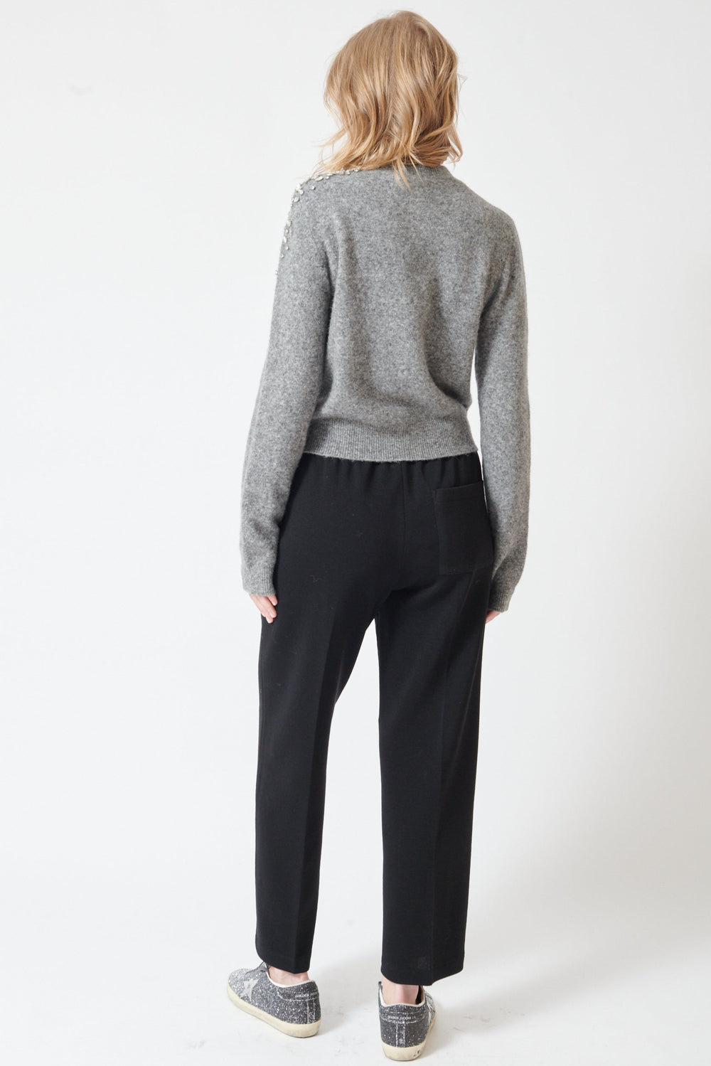 Madi wearing Seventy Elasticated Waist Knit Trouser rear view